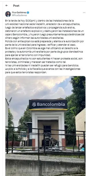 Dentro de la Nacional en Medellín, encapuchados detonaron explosivos en un cajero